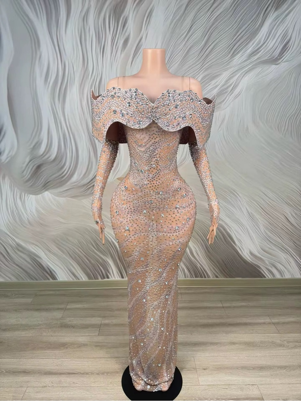 One-Shoulder Crystal Embellished Gown in Blush